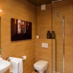 badkamer met regendouche, toilet, gootsteen en kunstfoto in de square view suite van aplace antwerp